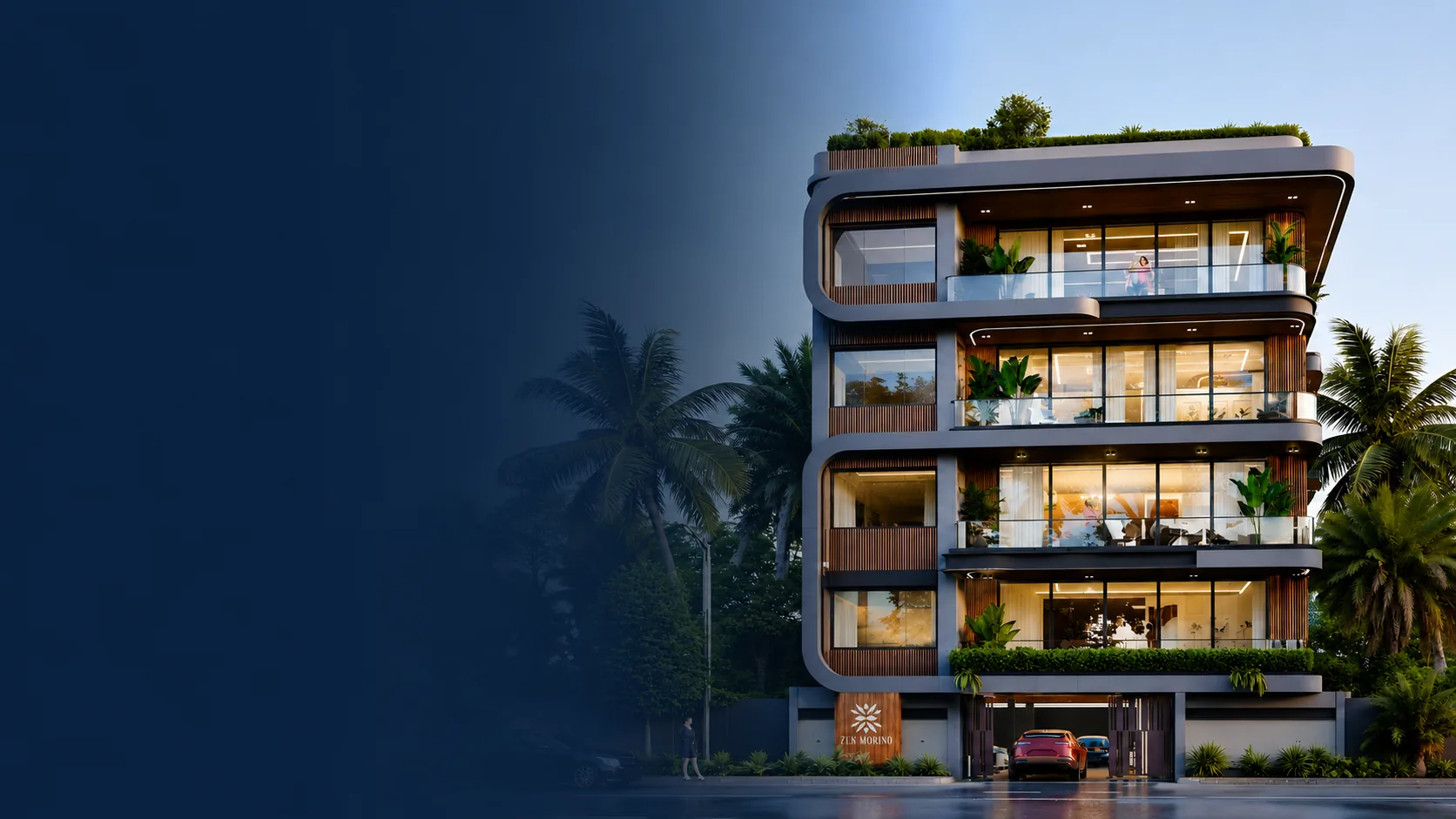 Zen Moriko boutique apartment elevation with glass balconies and greenery